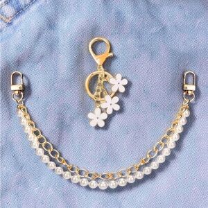 Gold Pearl Chain Bag Charm Set Floral Coquette Feminine Luxe Purse Decor